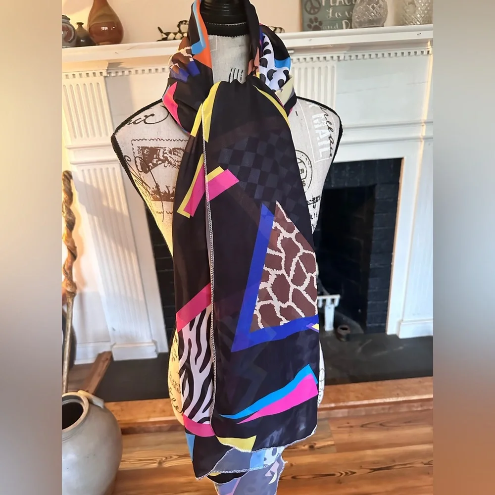 Abstract Geometric Sheer Scarf Wrap Sarong Animal Print Festival Shawl Pareo 80s